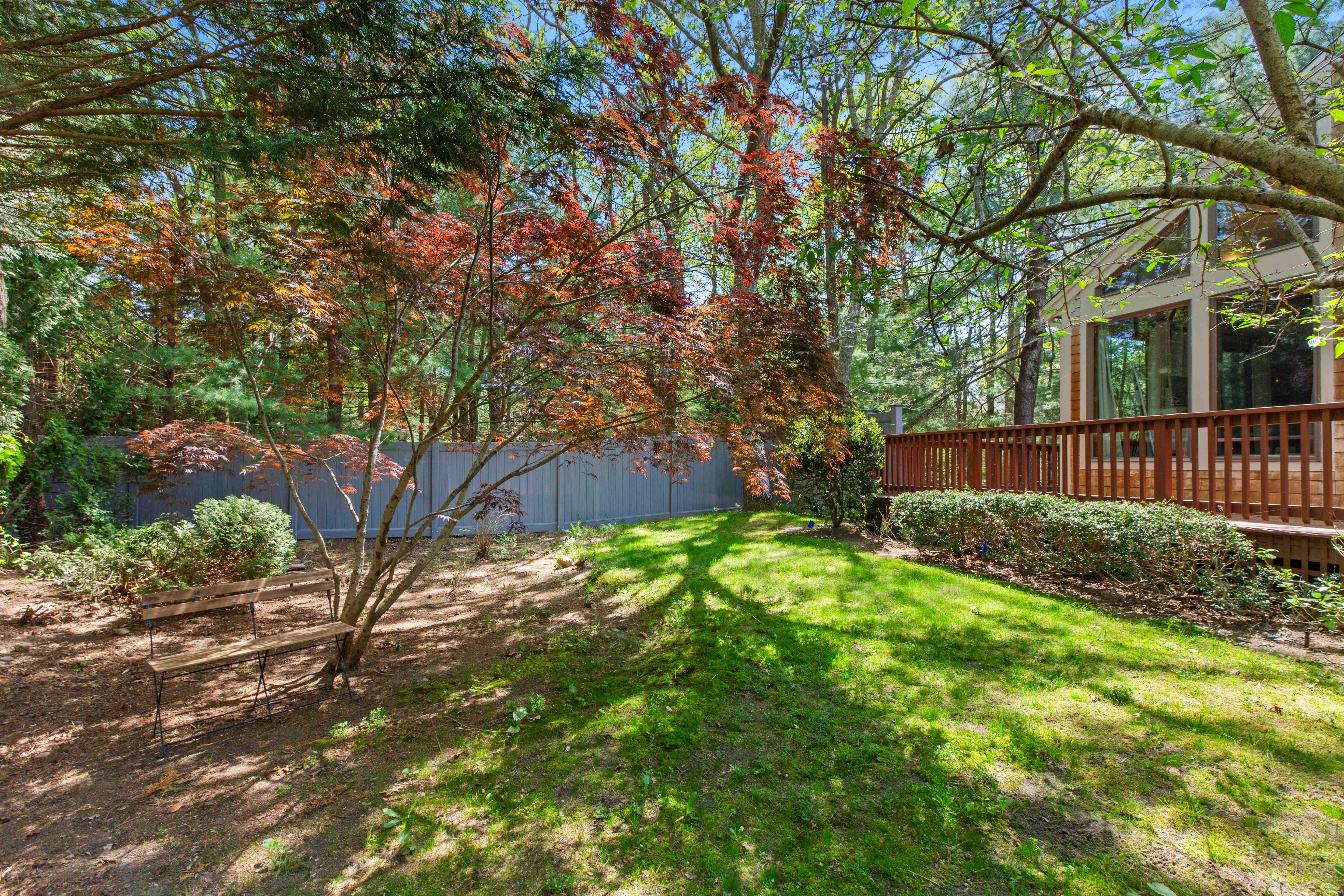 Wooded side yard with red Japanese maples, a vintage garden bench, gray privacy fence, and the deck railing